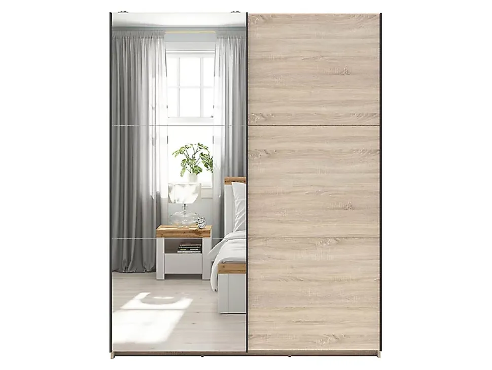 Armoire coulissante avec miroir coloris chêne Sonoma - Longueur 153,5 x Profondeur 60 x Hauteur 195,5 cm