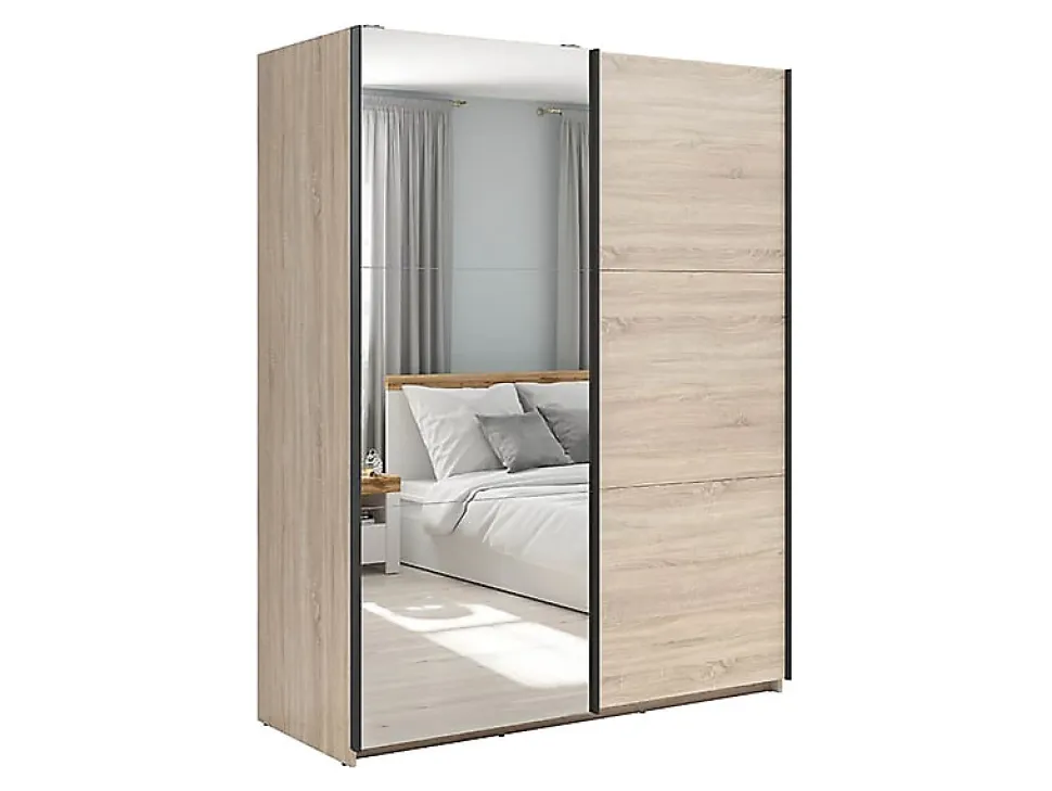 Armoire coulissante avec miroir coloris chêne Sonoma - Longueur 153,5 x Profondeur 60 x Hauteur 195,5 cm