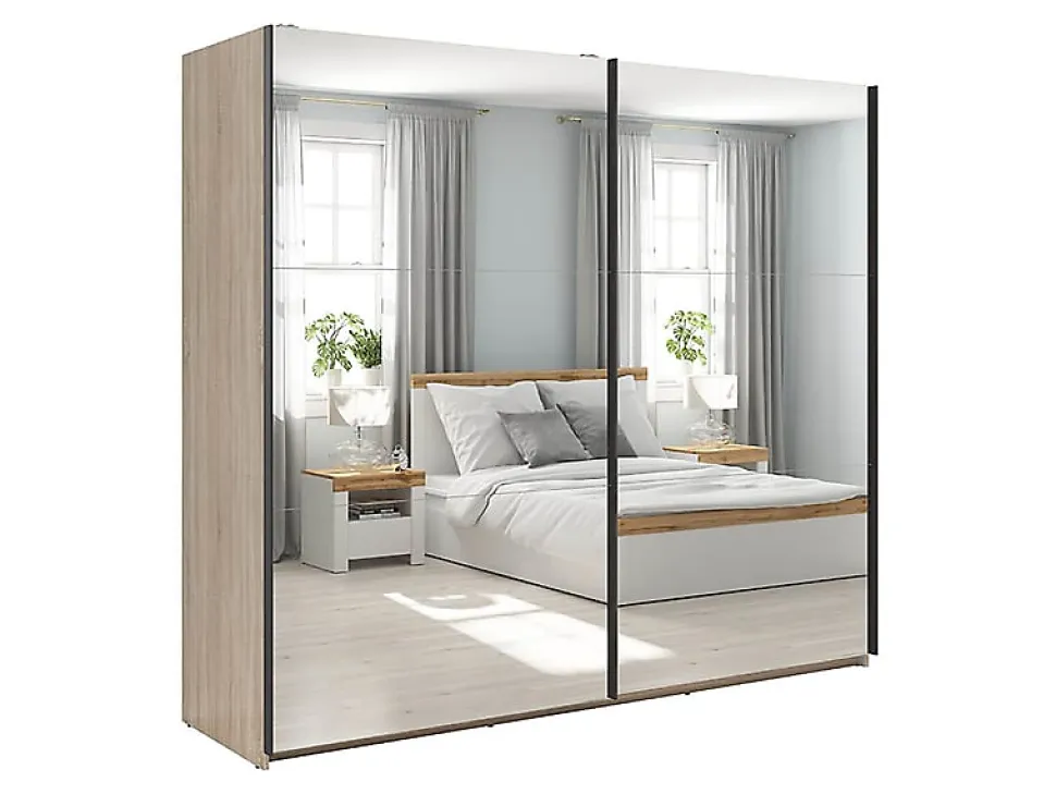 Armoire coulissante Placard avec miroir coloris chêne Sonoma - Longueur 220 x Profondeur 60 x Hauteur 195,5 cm