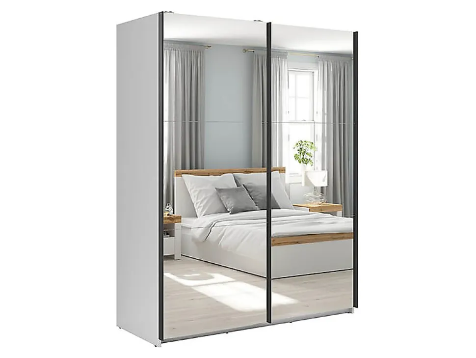 Armoire coulissante Placard avec miroir coloris Blanc brillant - Longueur 153,5 x Profondeur 60 x Hauteur 195,5 cm