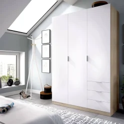 Armoire Daband, Armoire de Chambre avec 3 Portes et 3 Tiroirs, Armoire avec Barre de Suspension, 121x52h180 cm, Blanc et Chêne