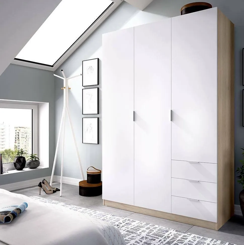 Armoire Daband, Armoire de Chambre avec 3 Portes et 3 Tiroirs, Armoire avec Barre de Suspension, 121x52h180 cm, Blanc et Chêne