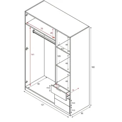 Armoire Daband, Armoire de Chambre avec 3 Portes et 3 Tiroirs, Armoire avec Barre de Suspension, 121x52h180 cm, Blanc et Chêne