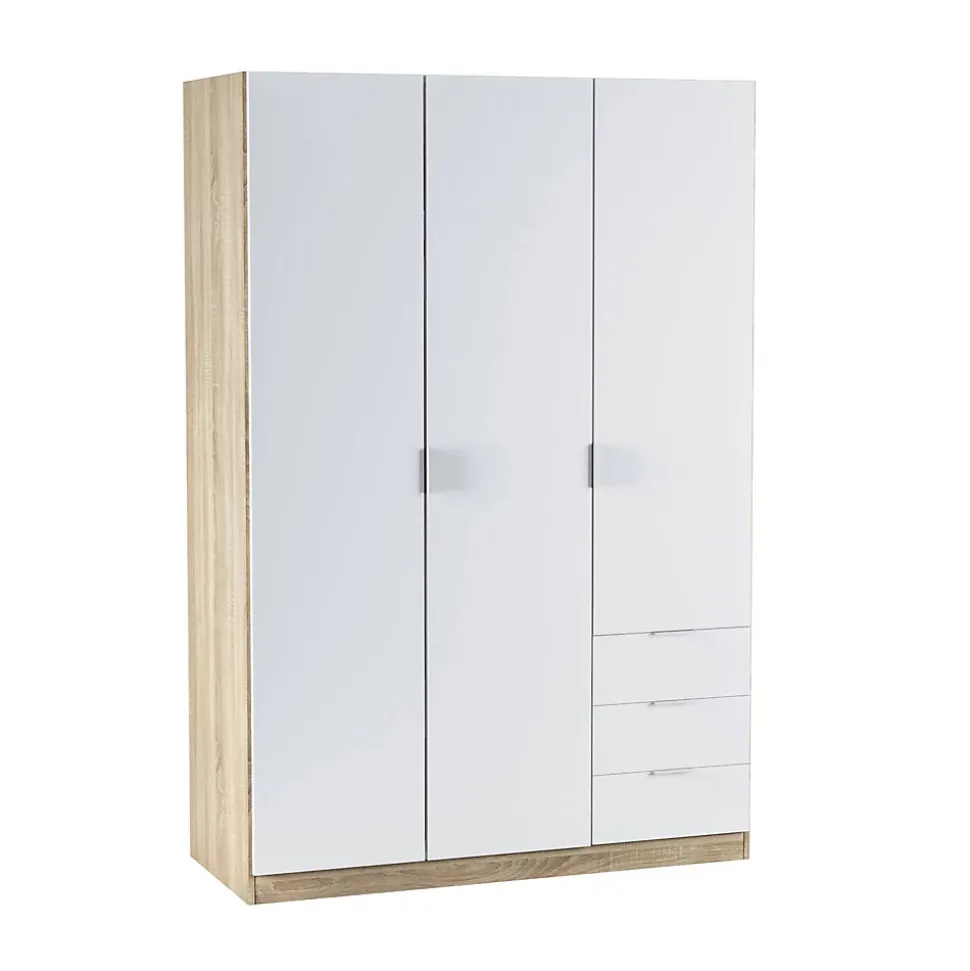 Armoire Daband, Armoire de Chambre avec 3 Portes et 3 Tiroirs, Armoire avec Barre de Suspension, 121x52h180 cm, Blanc et Chêne