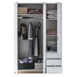 Armoire Daband, Armoire de Chambre avec 3 Portes et 3 Tiroirs, Armoire avec Barre de Suspension, 121x52h180 cm, Blanc et Chêne