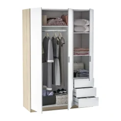 Armoire Daband, Armoire de Chambre avec 3 Portes et 3 Tiroirs, Armoire avec Barre de Suspension, 121x52h180 cm, Blanc et Chêne