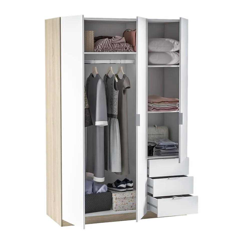 Armoire Daband, Armoire de Chambre avec 3 Portes et 3 Tiroirs, Armoire avec Barre de Suspension, 121x52h180 cm, Blanc et Chêne