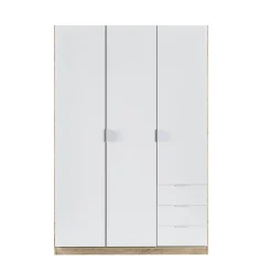 Armoire Daband, Armoire de Chambre avec 3 Portes et 3 Tiroirs, Armoire avec Barre de Suspension, 121x52h180 cm, Blanc et Chêne