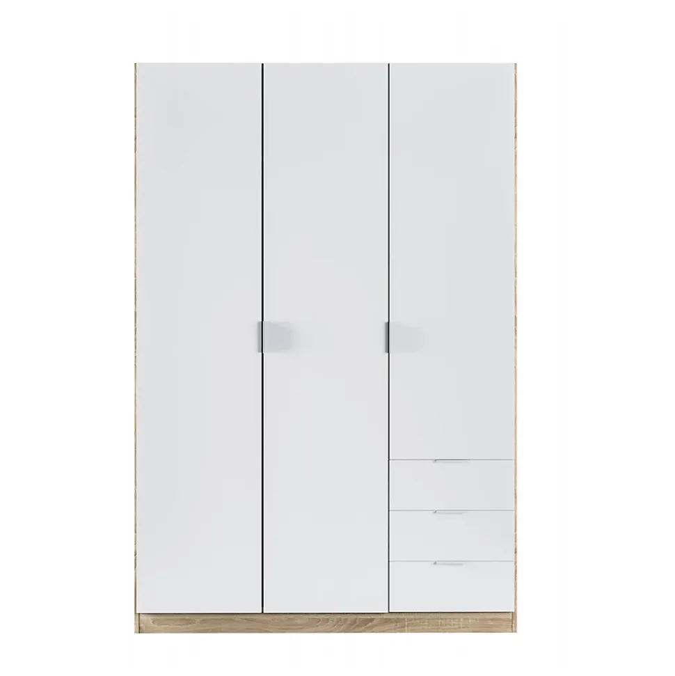 Armoire Daband, Armoire de Chambre avec 3 Portes et 3 Tiroirs, Armoire avec Barre de Suspension, 121x52h180 cm, Blanc et Chêne