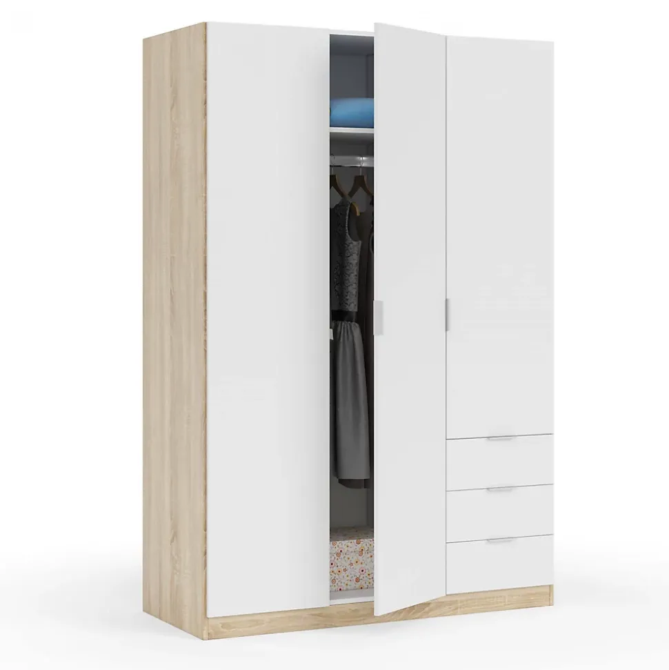 Armoire Daband, Armoire de Chambre avec 3 Portes et 3 Tiroirs, Armoire avec Barre de Suspension, 121x52h180 cm, Blanc et Chêne