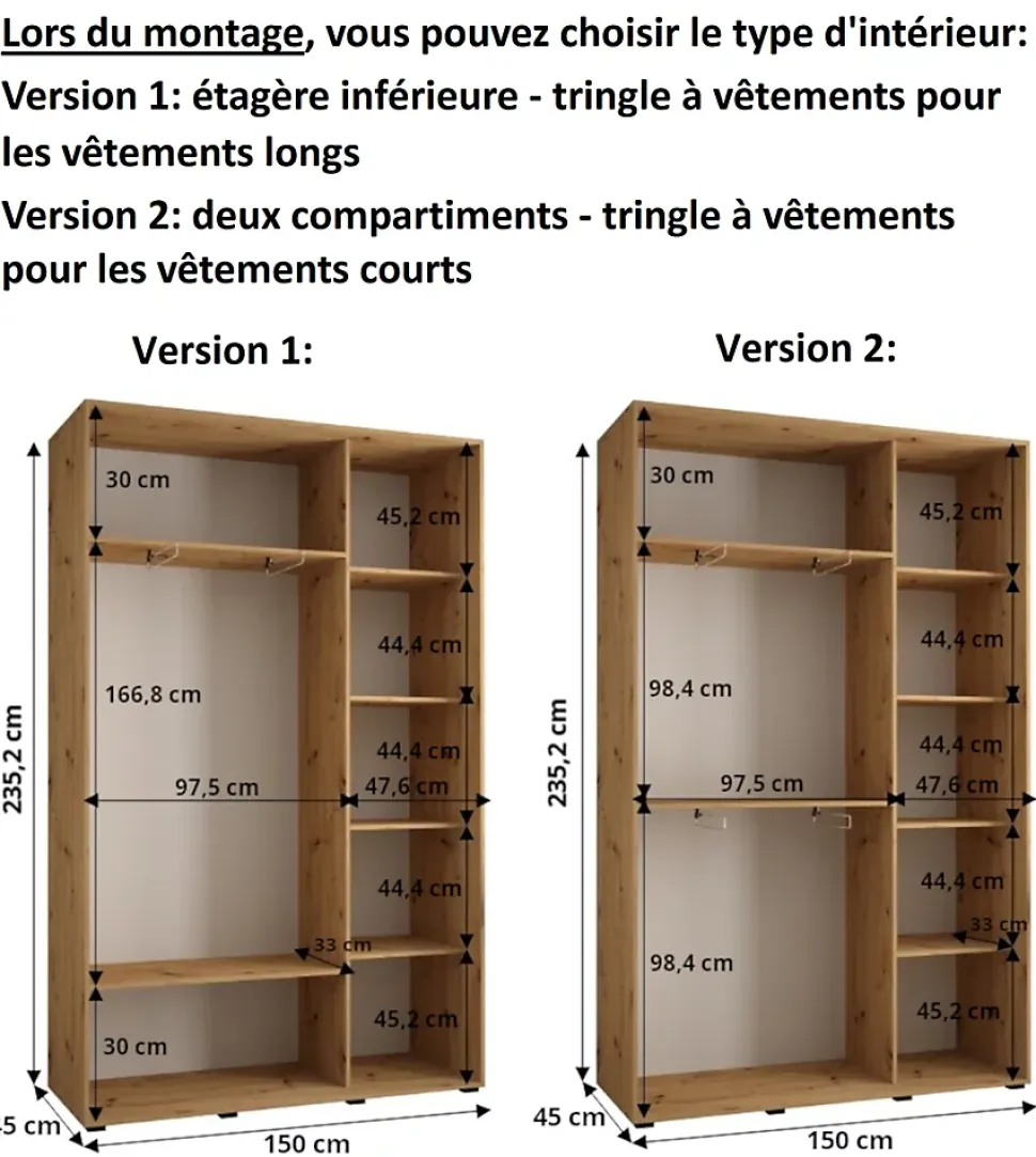 Armoire Dakota 2 a portes coulissantes 150/45/235,2 portes
