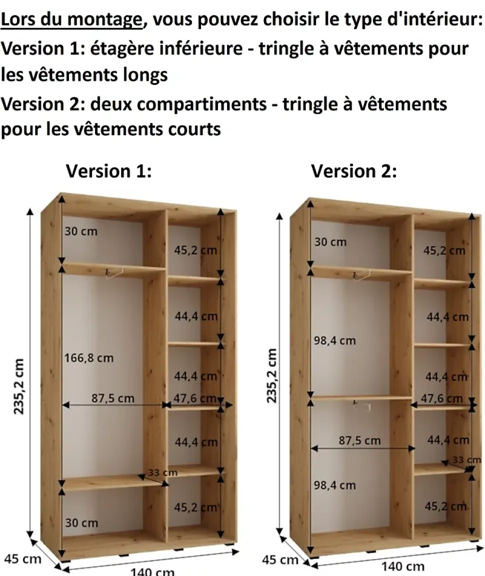 Armoire Dakota 2 a portes coulissantes 140/45/235,2 portes
