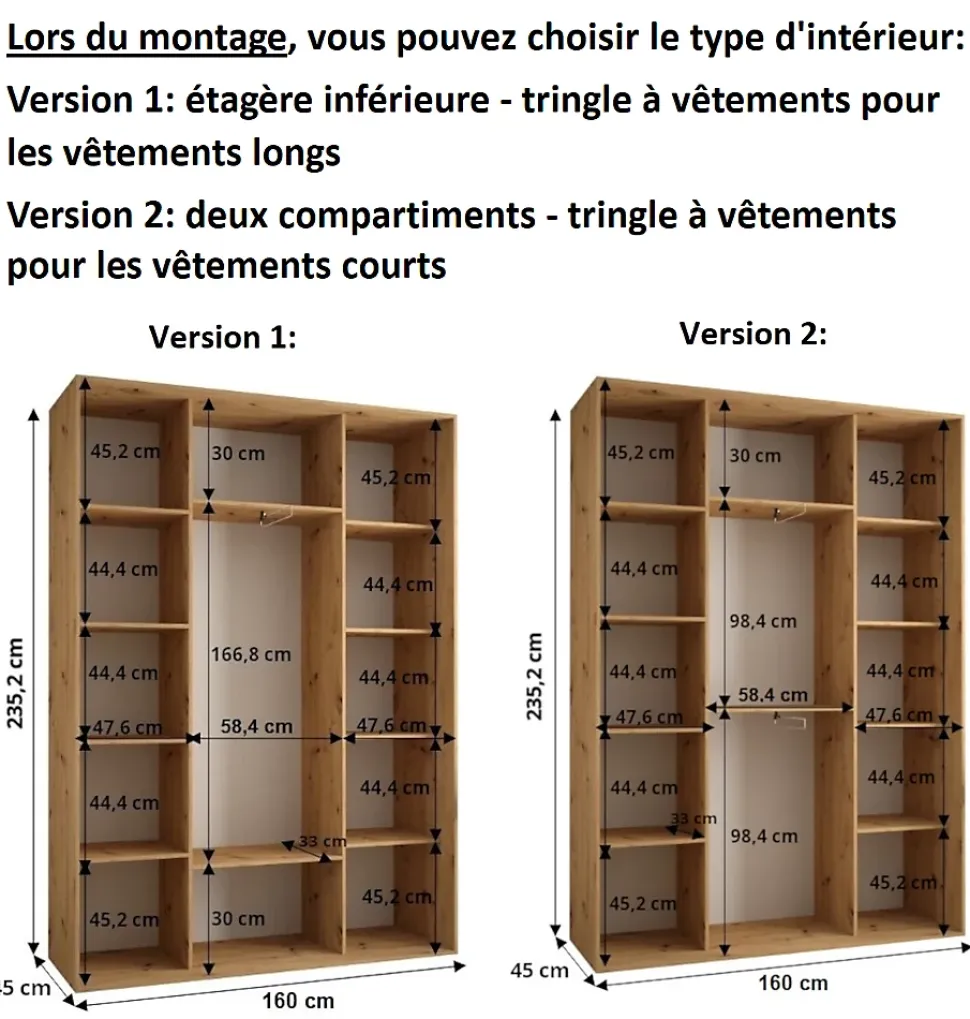 Armoire Dakota 3 a portes coulissantes 160/45/235,3 portes