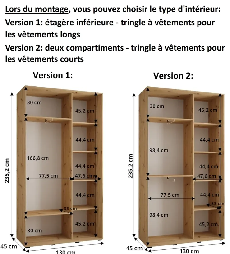 Armoire Dakota 2 a portes coulissantes 130/45/235,2 portes