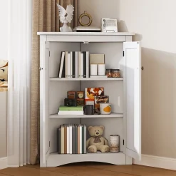 Armoire d'Angle - Meuble de Rangement avec 2 Portes et 3 Étagères pour Gain de Place - MDF Laqué - Blanc