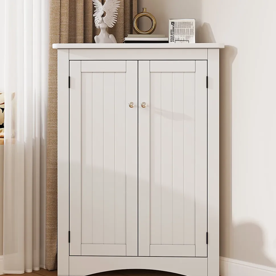 Armoire d'Angle - Meuble de Rangement avec 2 Portes et 3 Étagères pour Gain de Place - MDF Laqué - Blanc