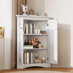 Armoire d'Angle - Meuble de Rangement avec 2 Portes et 3 Étagères pour Gain de Place - MDF Laqué - Blanc