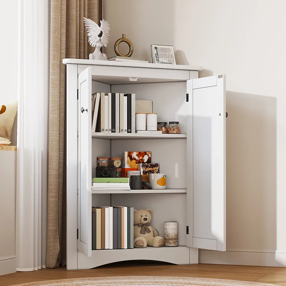 Armoire d'Angle - Meuble de Rangement avec 2 Portes et 3 Étagères pour Gain de Place - MDF Laqué - Blanc