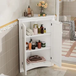 Armoire d'Angle - Meuble de Rangement avec 2 Portes et 3 Étagères pour Gain de Place - MDF Laqué - Blanc