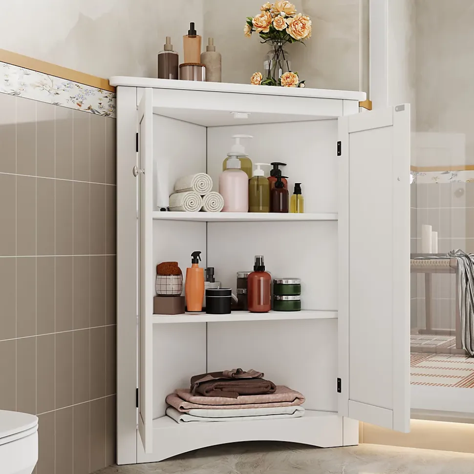 Armoire d'Angle - Meuble de Rangement avec 2 Portes et 3 Étagères pour Gain de Place - MDF Laqué - Blanc