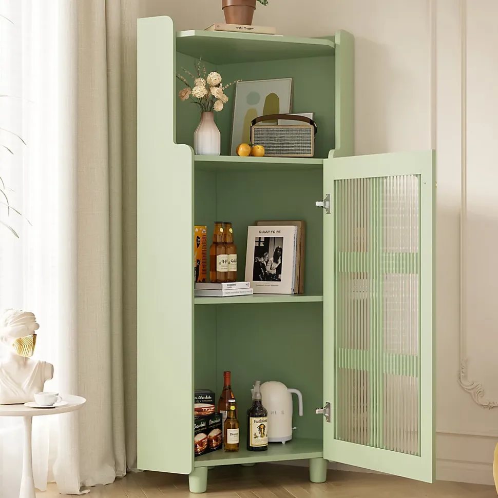 Armoire d'Angle - Meuble de Rangement avec LED Contrôle par Application et Étagère Ouverte - MDF Laqué - Vert