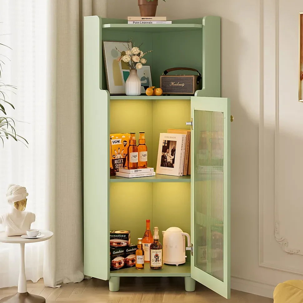 Armoire d'Angle - Meuble de Rangement avec LED Contrôle par Application et Étagère Ouverte - MDF Laqué - Vert
