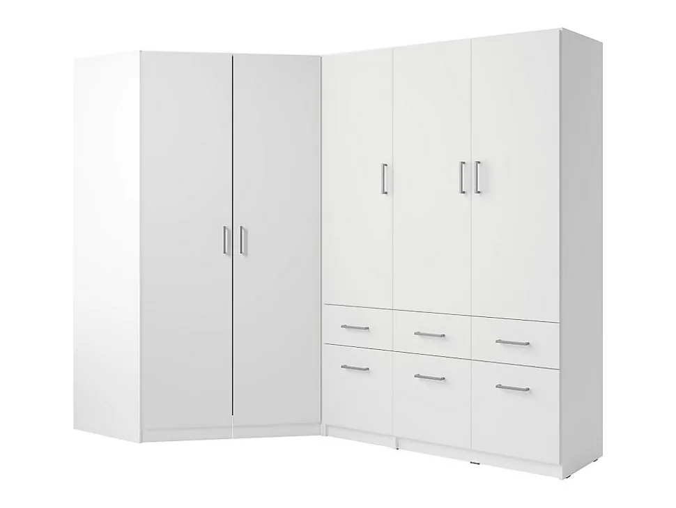 Armoire d'angle 5 portes et 6 tiroirs - L254 cm - Blanc - BELOMY