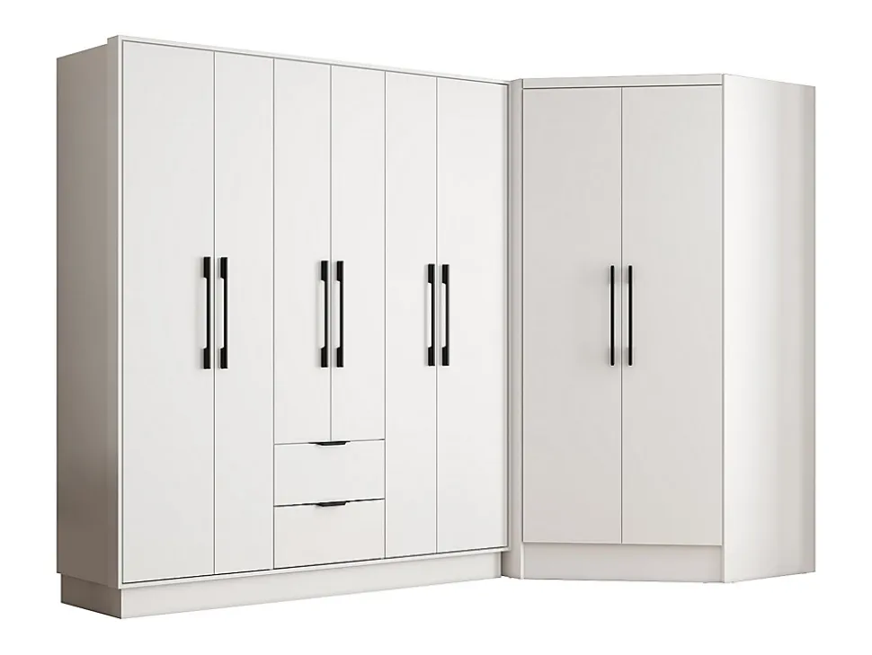 Armoire d'angle 8 portes et 2 tiroirs - L263 cm - Blanc - FEOVA