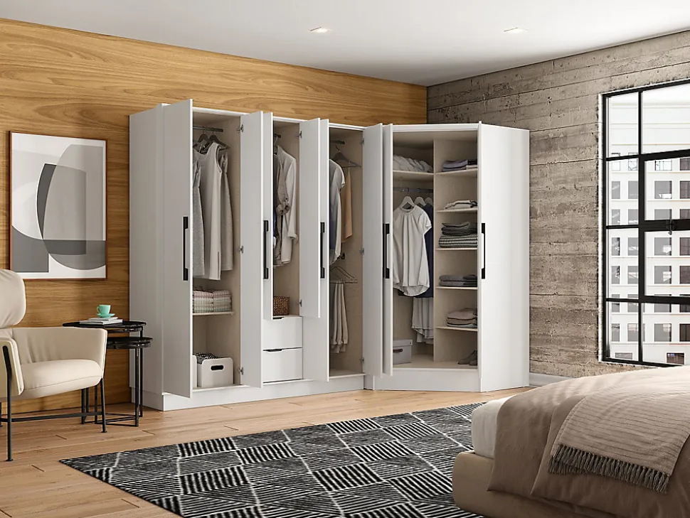 Armoire d'angle 8 portes et 2 tiroirs - L263 cm - Blanc - FEOVA