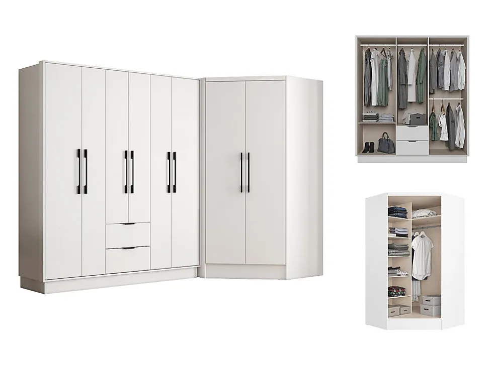 Armoire d'angle 8 portes et 2 tiroirs - L263 cm - Blanc - FEOVA