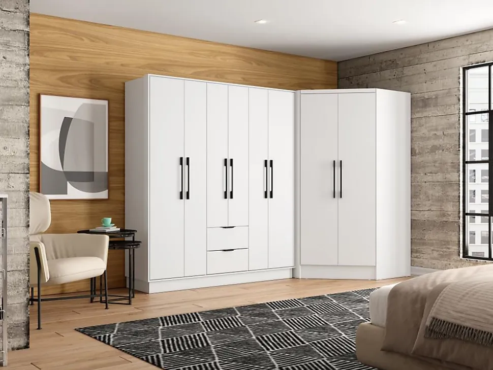 Armoire d'angle 8 portes et 2 tiroirs - L263 cm - Blanc - FEOVA