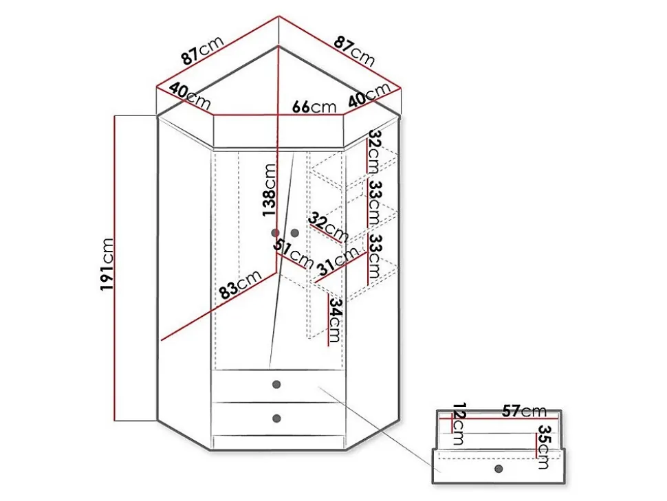 Armoire d'angle Almira 101, Nombre d'étagères: 3, 191x87x87cm