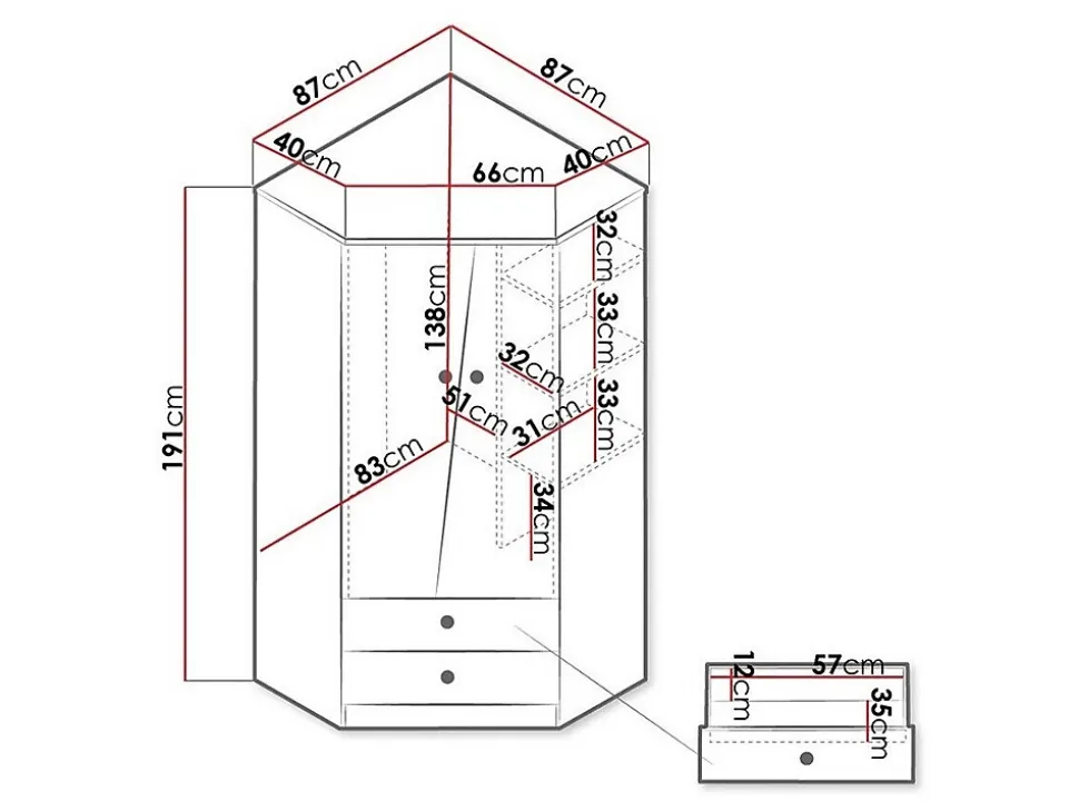 Armoire d'angle Almira 101, Nombre d'étagères: 3, 191x87x87cm