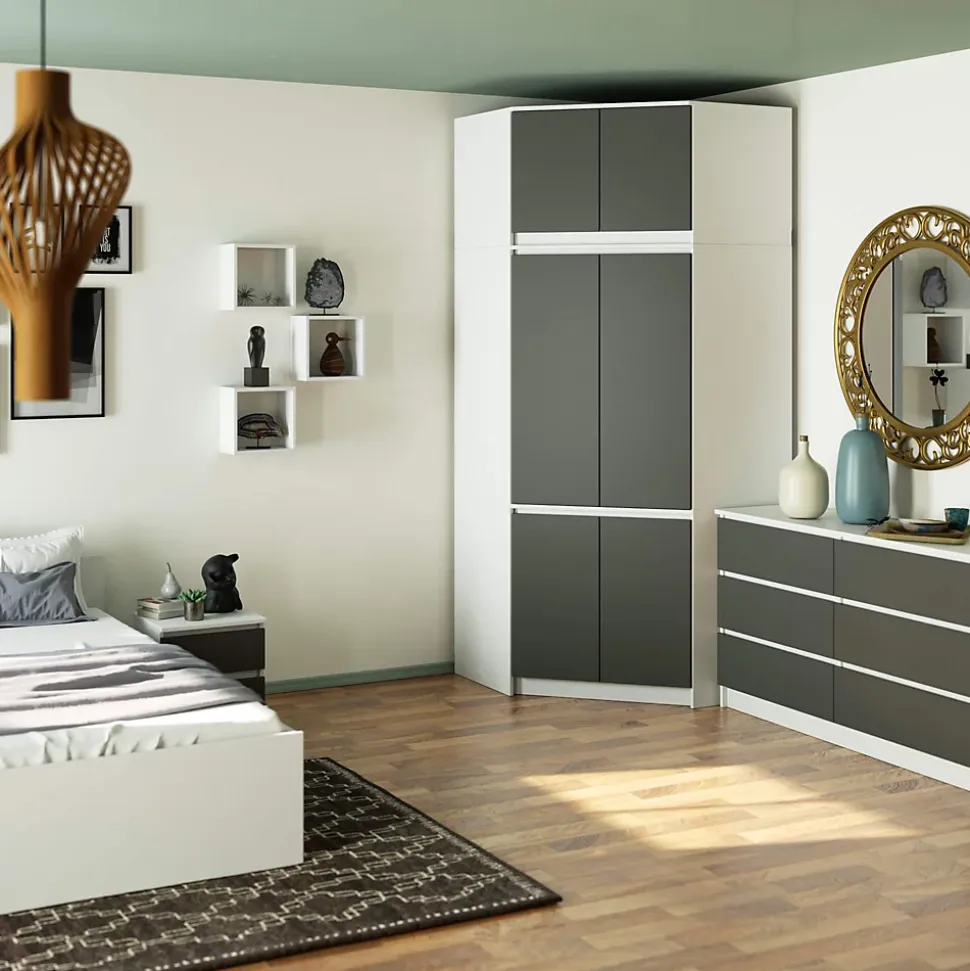 Armoire d'angle avec surmeuble AKORD S100 Blanche 100 cm 6 portes façade Gris Graphite 100x50x235 cm
