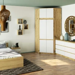 Armoire d'angle avec surmeuble AKORD S100 Chêne Artisan 100 cm 6 portes façade Blanche 100x50x235 cm
