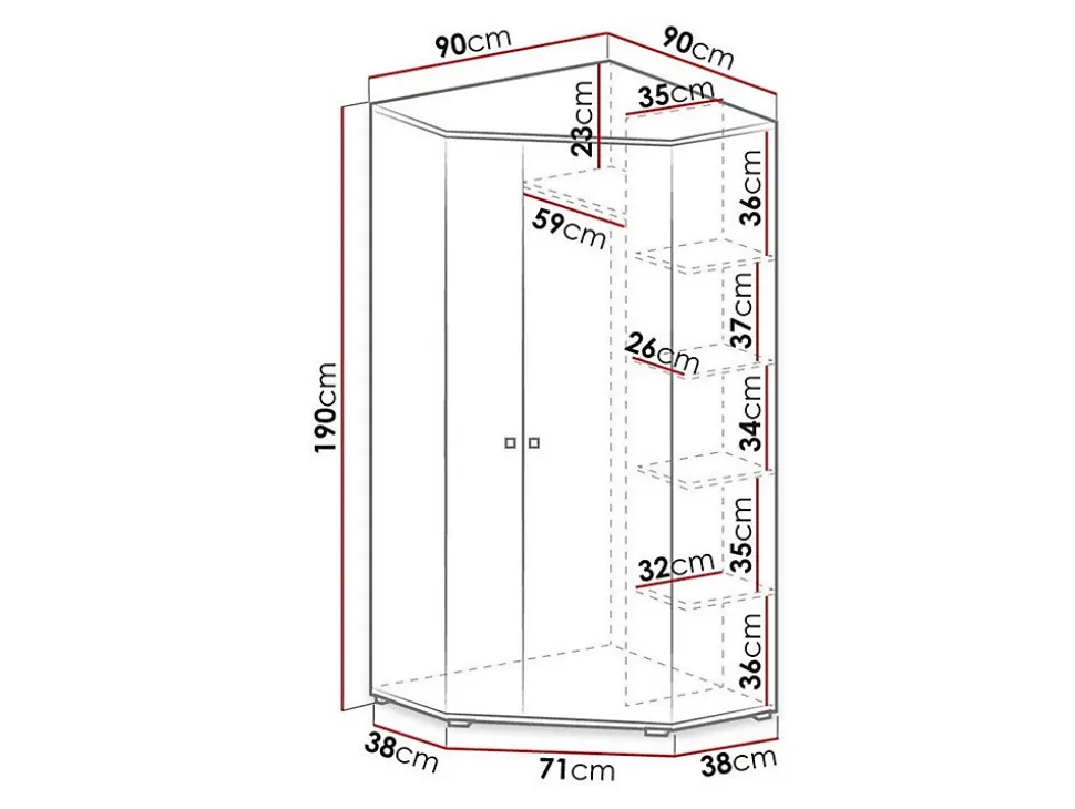 Armoire d'angle Camteso 100, Nombre d'étagères: 5, 190x90x90cm