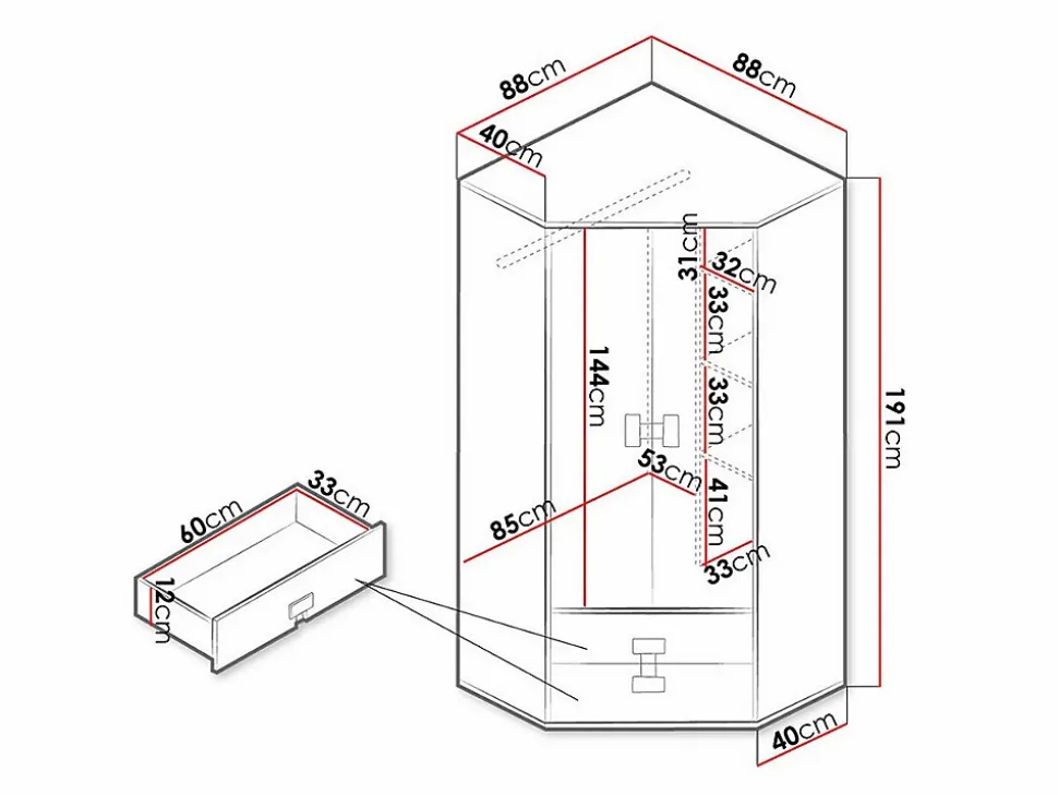 Armoire d'angle Florevi 114, Nombre d'étagères: 3, 191x88x88cm