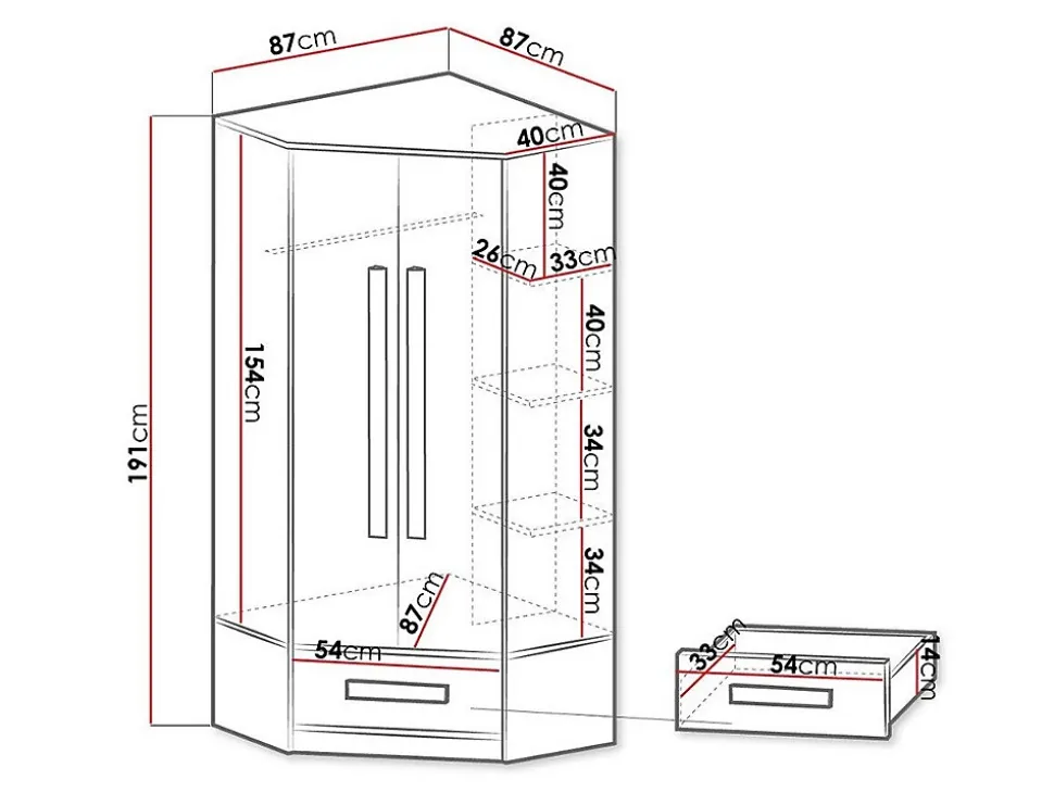 Armoire d'angle Merevari 103, Nombre d'étagères: 3, 191x87x87cm