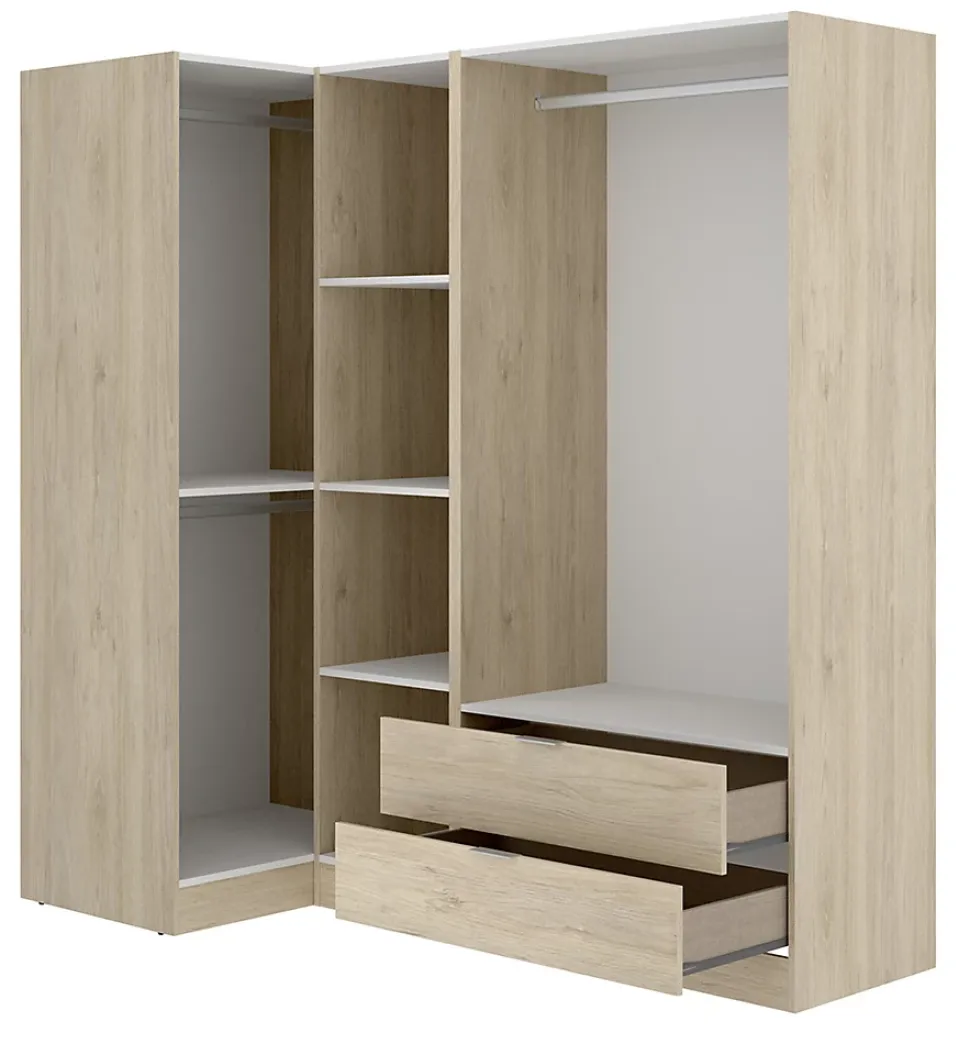 Armoire d'angle, meuble de rangement en bois mélaminé coloris chêne naturel - Longueur 173 x Profondeur 90 x Hauteur 184 cm