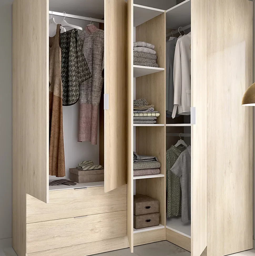 Armoire d'angle, meuble de rangement en bois mélaminé coloris chêne naturel - Longueur 173 x Profondeur 90 x Hauteur 184 cm
