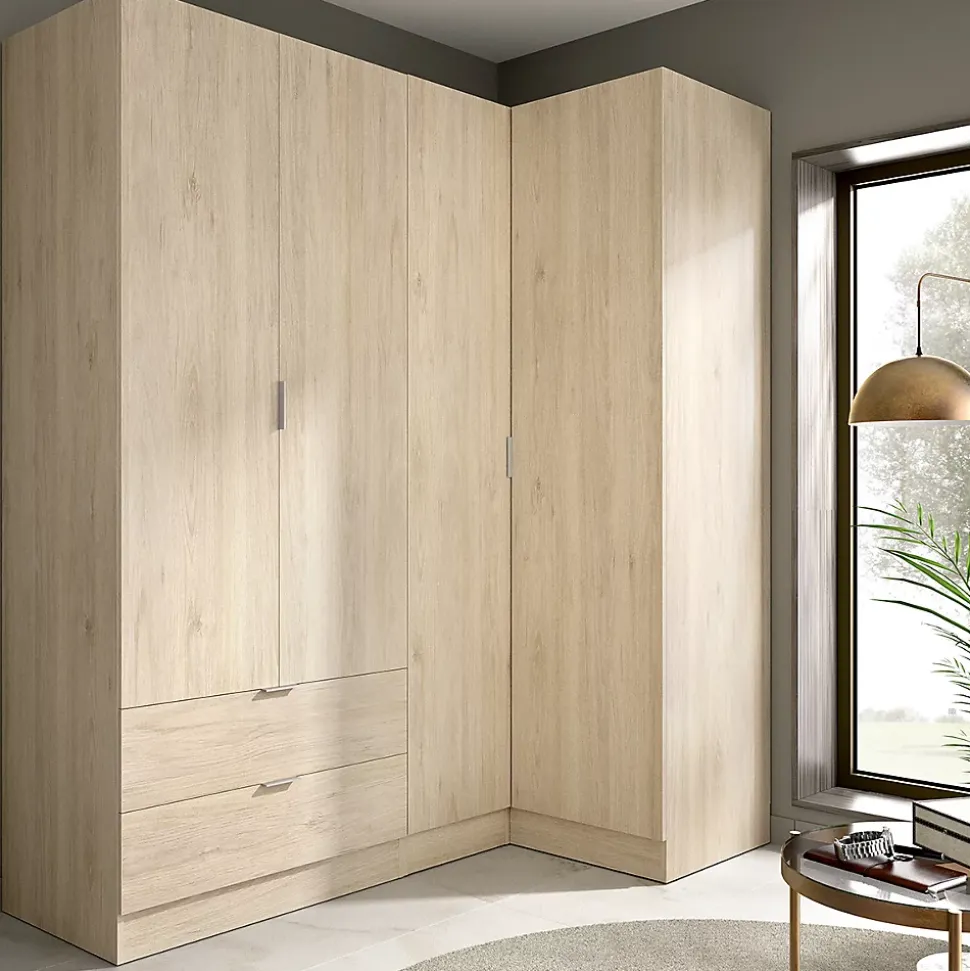 Armoire d'angle, meuble de rangement en bois mélaminé coloris chêne naturel - Longueur 173 x Profondeur 90 x Hauteur 184 cm