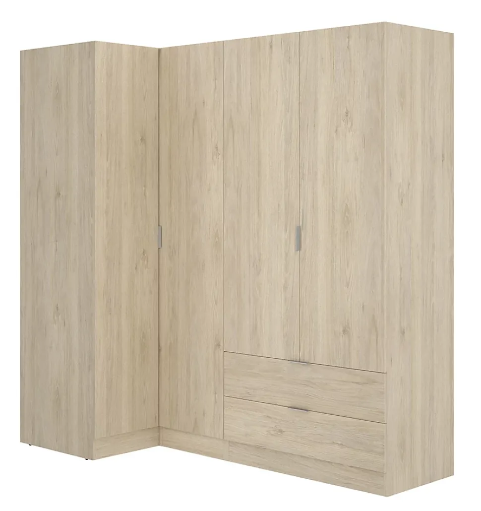 Armoire d'angle, meuble de rangement en bois mélaminé coloris chêne naturel - Longueur 173 x Profondeur 90 x Hauteur 184 cm