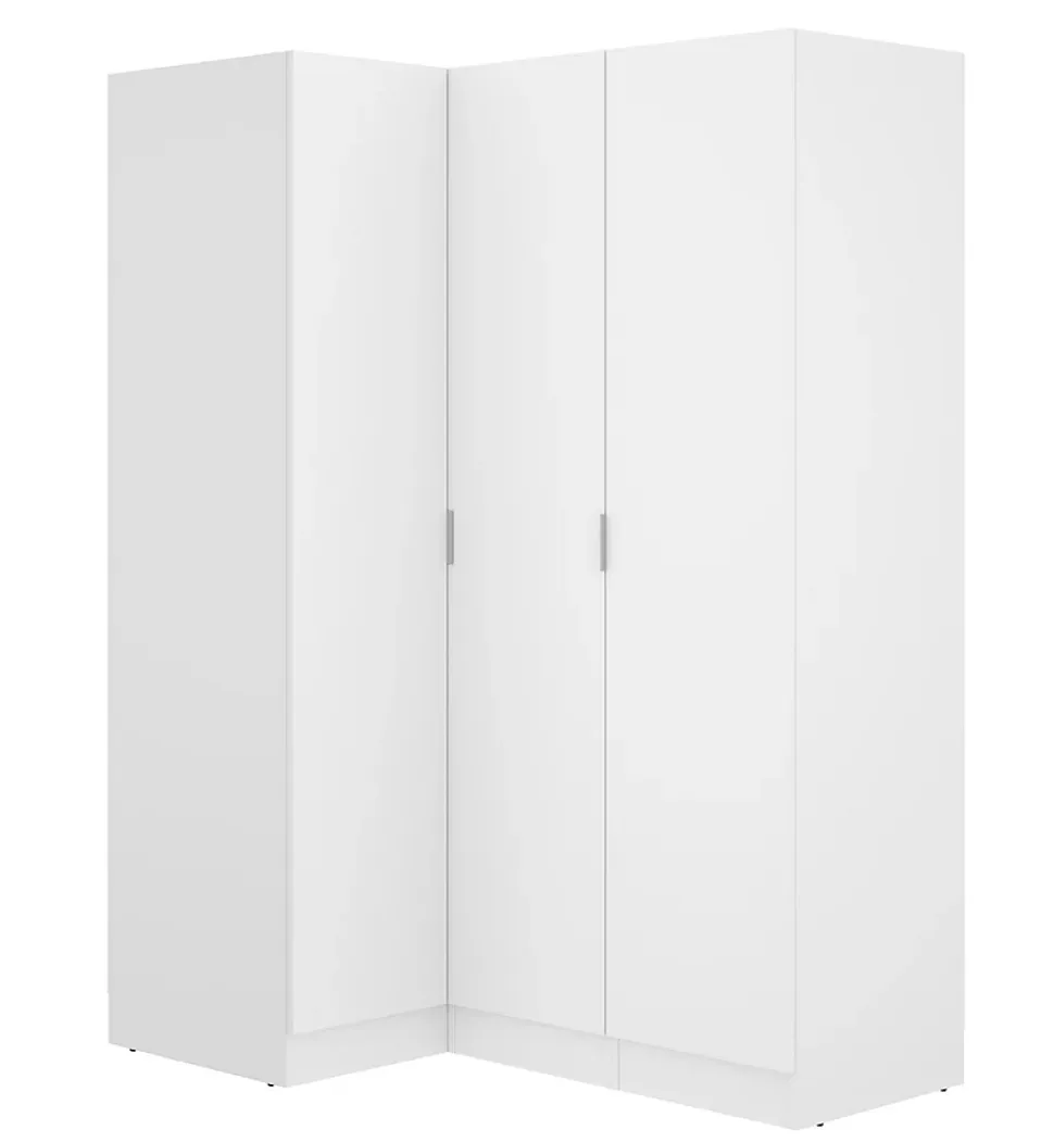 Armoire d'angle, meuble de rangement en bois mélaminé coloris blanc - Longueur 133 x Profondeur 90 x Hauteur 184 cm