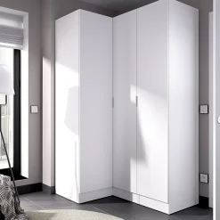 Armoire d'angle, meuble de rangement en bois mélaminé coloris blanc - Longueur 133 x Profondeur 90 x Hauteur 184 cm