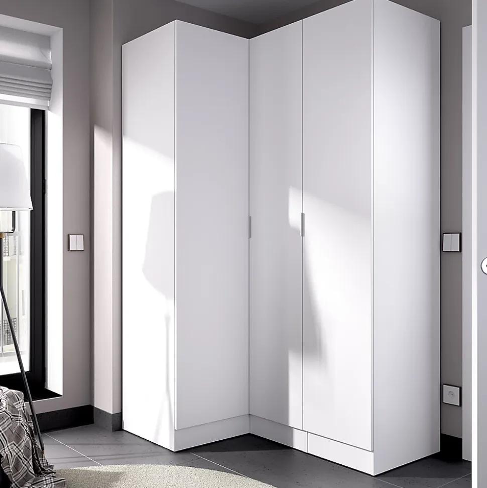 Armoire d'angle, meuble de rangement en bois mélaminé coloris blanc - Longueur 133 x Profondeur 90 x Hauteur 184 cm