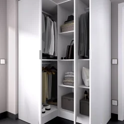 Armoire d'angle, meuble de rangement en bois mélaminé coloris blanc - Longueur 133 x Profondeur 90 x Hauteur 184 cm
