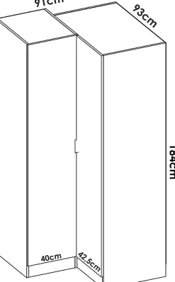 Armoire d'angle, meuble de rangement en bois mélaminé coloris blanc - Longueur 133 x Profondeur 90 x Hauteur 184 cm