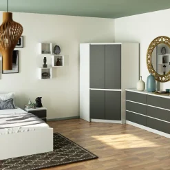 Armoire d'angle AKORD S100 Blanche 100 cm 4 portes façade Grise 6 étagères 100x50x180 cm