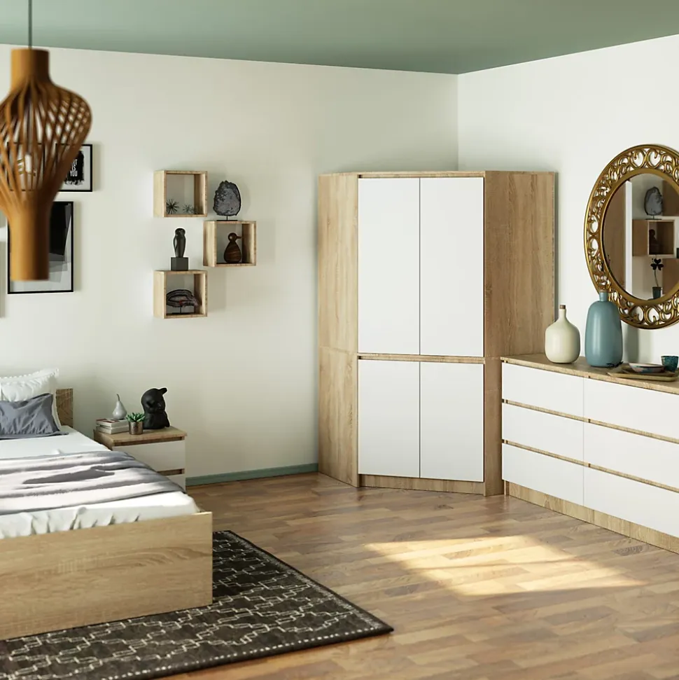 Armoire d'angle AKORD S100 Chêne Sonoma 100 cm 4 portes façade Blanche 6 étagères 100x50x180 cm