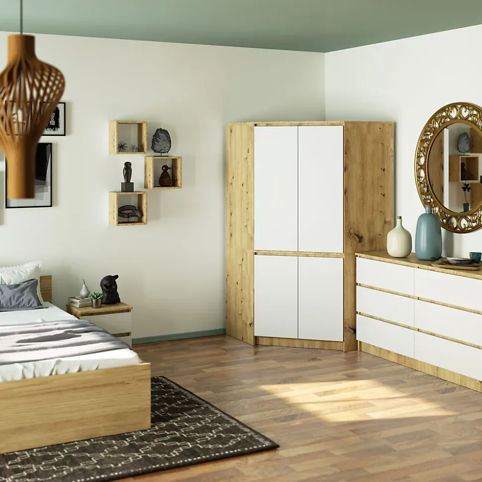 Armoire d'angle AKORD S100 Chêne Artisan 100 cm 4 portes façade Blanche 6 étagères 100x50x180 cm